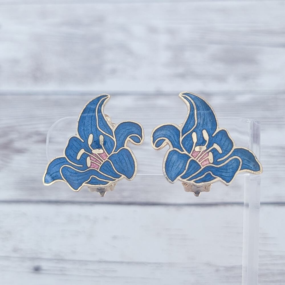 Vintage Clip On Earrings Large Statement Blue Flower